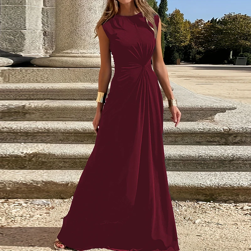 

Elegant O-neck Sleeveelss Solid Party Dress 2024 Women Fashion Hight Waist Draped Long Dress Summer Casaul Slim Fit Maxi Dresses