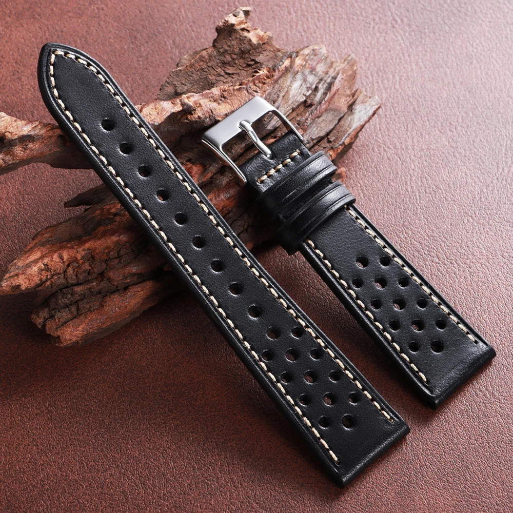 Premium Handcrafted Vintage Brown & Black Leather Watch Strap – Breathable Cowhide Wristband