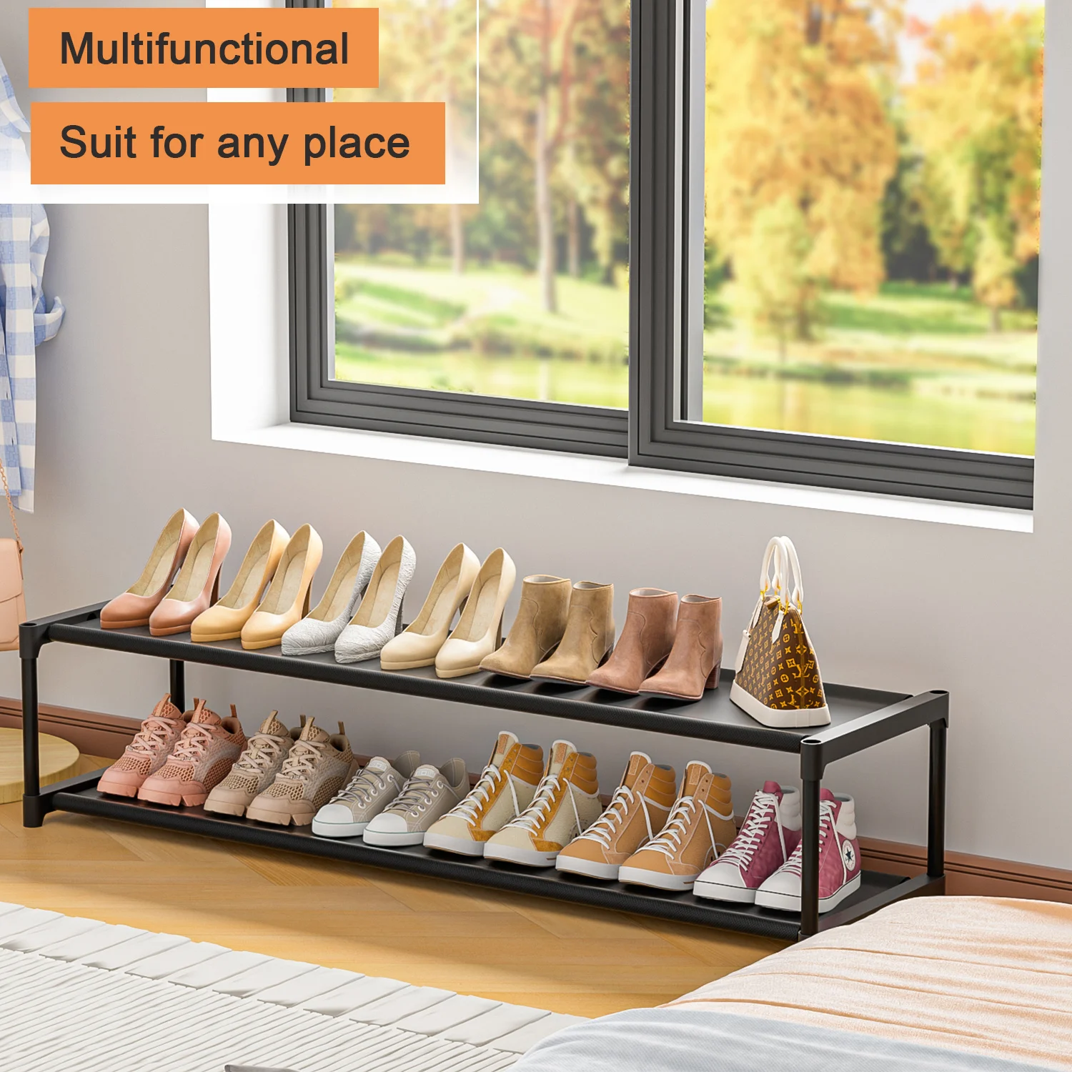 Long Shoe Rack 2 Tier Save Space Sturdy Wide For Closet Entryway Mudroom Garage