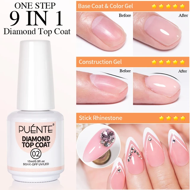 PUENTE 15ML Diamond Top Coat 9-IN-1 Function Gel Nail Polish One Step Base Top Coat Clear Nude Pink Color Soak Off Nail Varnish 4