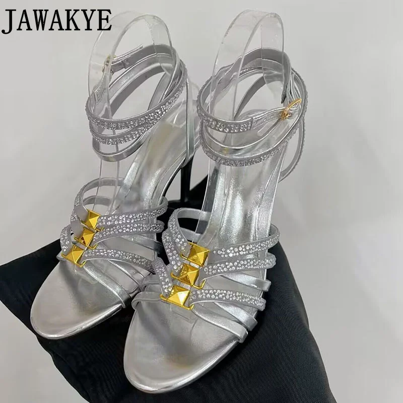 

2023 Brand Fashion High Heel Sandals Women Summer Formal Party Shoes Sandalias Ladies T-show Crystal Strappy Sandals