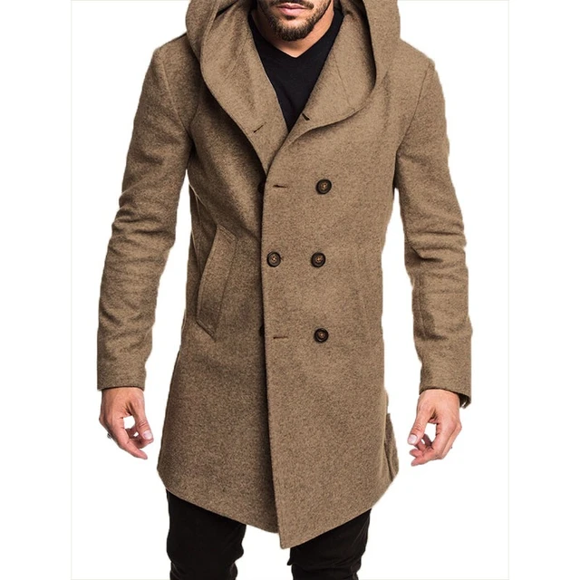 Men's Wool Coat Hoodie Long Trench Coat Cotton Casual Woollen Overcoat  Jacket