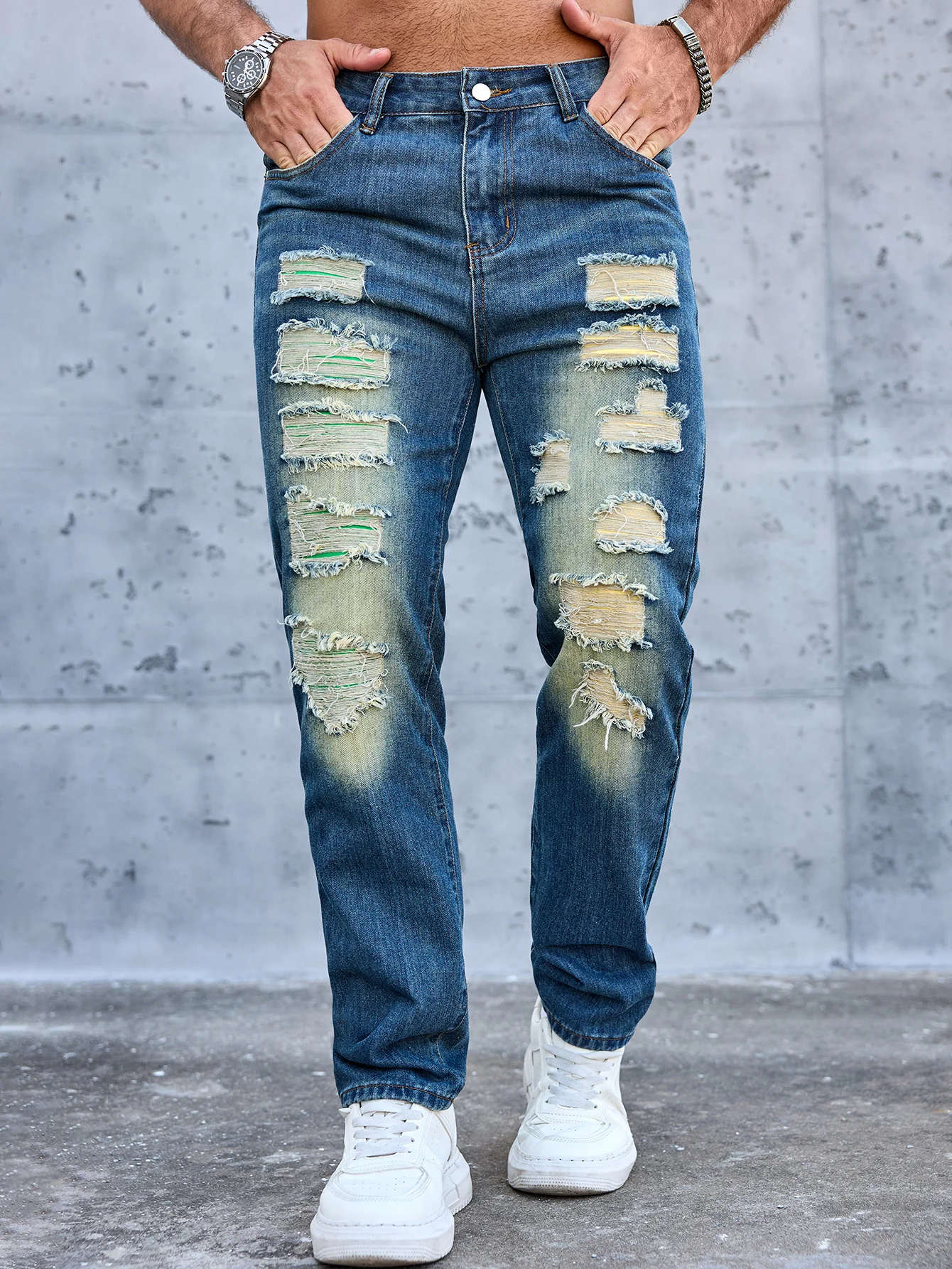 Herren Vintage Blue Ripped Patch Regular Fit Jeans Stilvolle Streetwear-Hose Ganzjahres-Komfort-Herrenhose Größe XS-XL