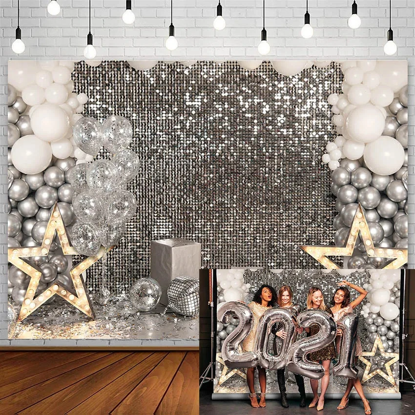 Disco Backdrop Silver Glitter Image Printing (Not Really Sequin) Club Birthday Party Decor Photography Background Photo Studio