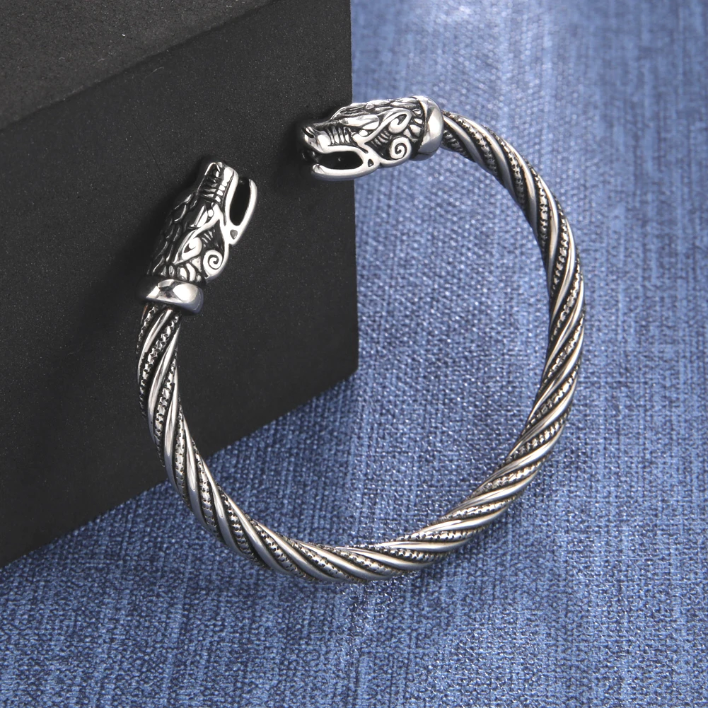 BaviPower Handcrafted Viking Bracelet – Adjustable Stainless Steel Wolf Head Bangle, Norse Scandinavian Jewelry For Men - View #12