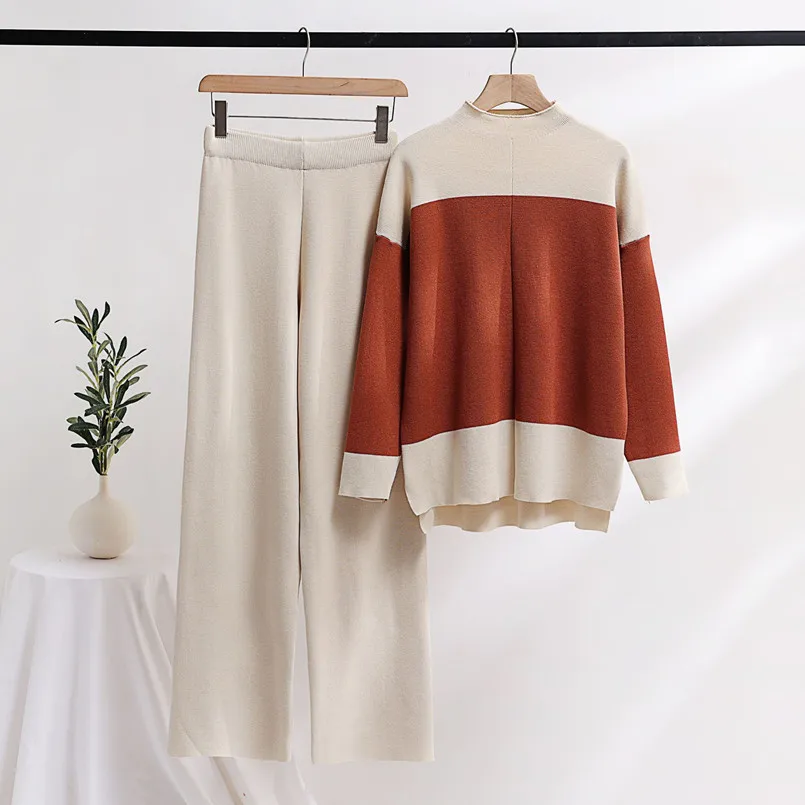 2023 Europe and America Autumn and Winter Casual Contrast Color Set Knitted Sweater Wide Leg Pants Women's Two Piece Set
