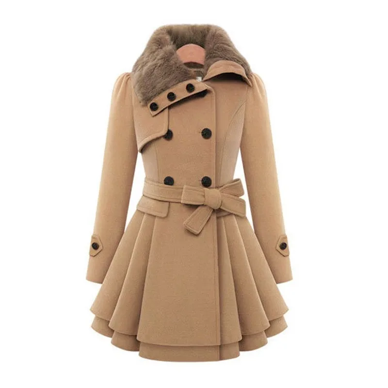 

Womens New Style Vintage Woolen Coat Double Buckle Slim Trench Coats Lady Fur Collar Peacoat Winter Coat Outwear