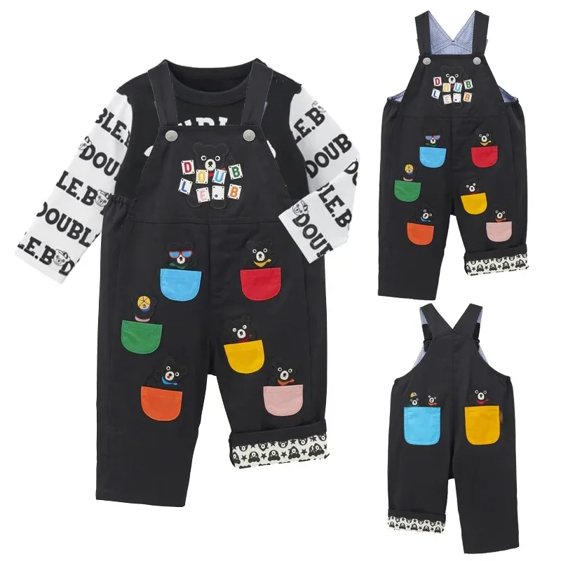 Boys' Trousers New Children's Cartoon Black Bear Color Pocket Embroidered Bib Jeans