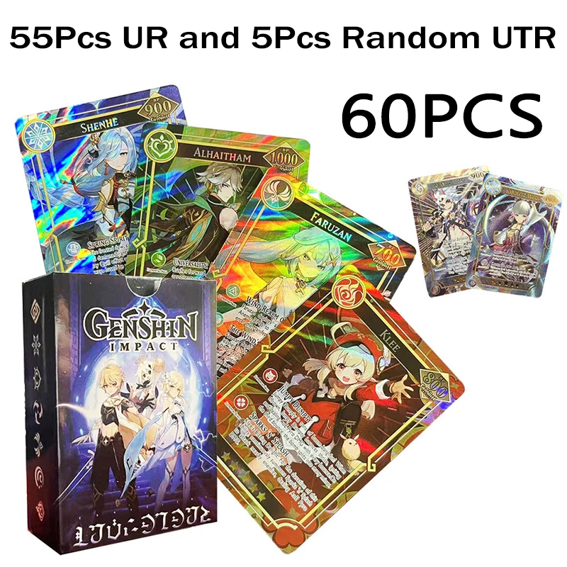 

English Genshin Impact Card 55Pcs UR and 5Pcs Random UTR Rare Holographic Shiny TCG Set Collection Character Cards Gift