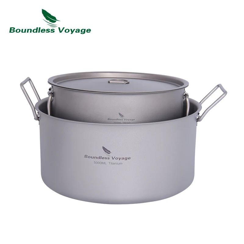Big Capacity Soup Pot Titanium Camping Pot with Lid Folding Handle Hiking Picnic Outdoor Cooking 2L 5L Boundless Voyage