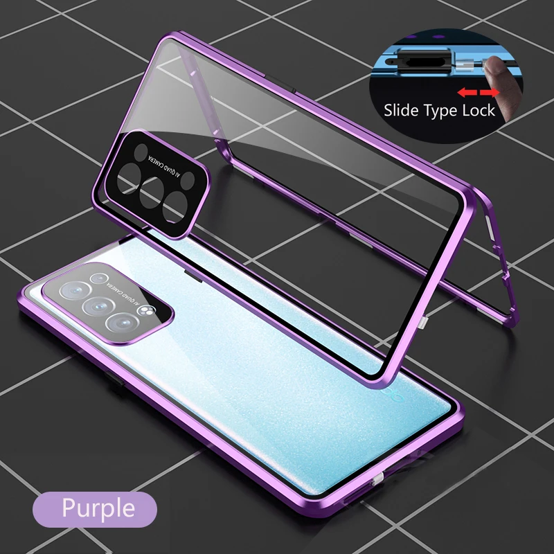 

Double Sided Glass Magnetic Adsorption Metal Snap Lock Case For OPPO Reno6 Pro 7 Pro 8T A54 A74 A78 5G Camera Lens Protect Cover