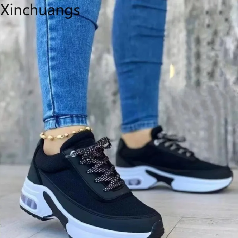 Women Breathable Mesh Soft Vulcanize Shoes Lace Up Wedge Platform Sneakers