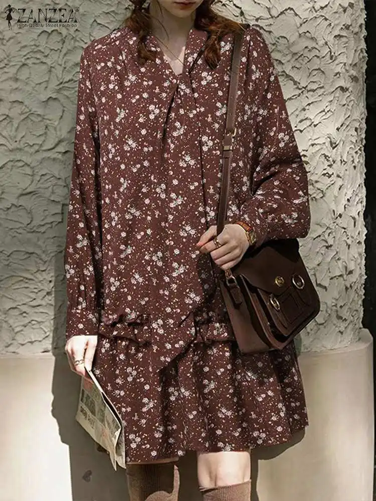 

ZANZEA Women V-neck Mini Dress Bohemian Floral Print Loose Vestido 2024 Spring Stitching Pleating Robe Fashion Tie Bandage Dress