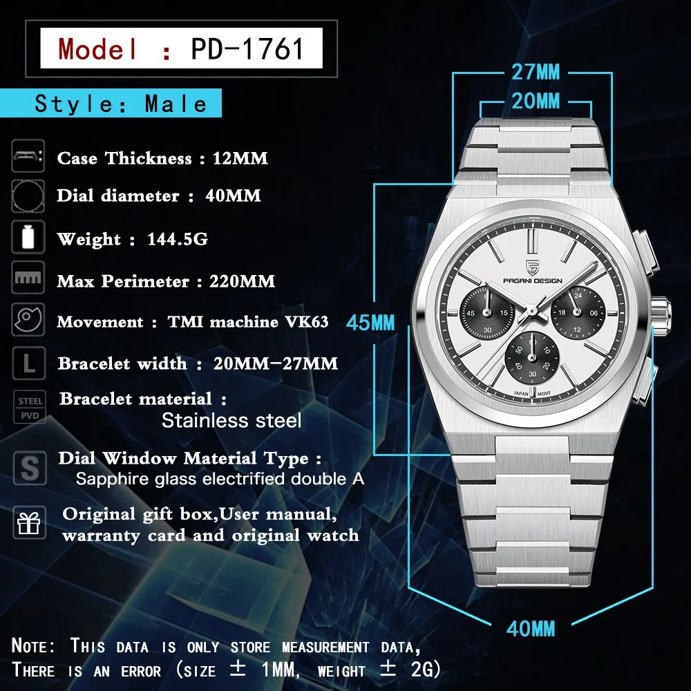 PAGANI DESIGN-Relógios masculinos de quartzo, relógio cronógrafo para homens, relógio de luxo, marca superior, VK63, novo, 2022