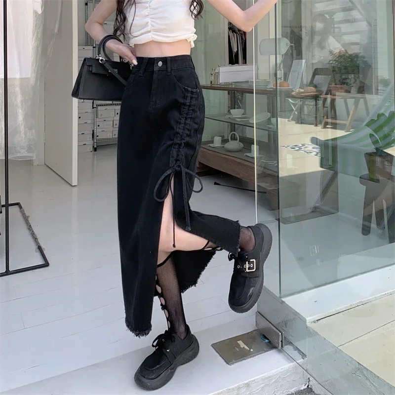 New 2023 Gothic Black Saias Jeans Women Ruched Split Long Denim Skirts Fashion High Waist Jeans Skirt Summer Casual Streetwear dark blue denim stacked pants zip up baddie style streetwear pencil jeans for women high waist hole bodycon slim ruched trousers