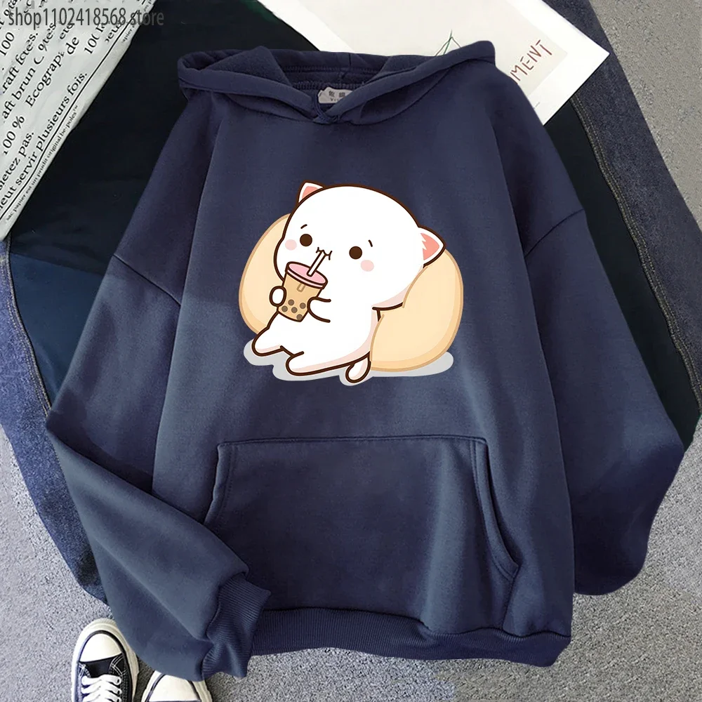 Bubble Tea Hoodies Peach Cat Kawaii Print Sweatshirt Women Harajuku Streetwear Cartoon Pattern O-Neck Top Casual for Men Clothes