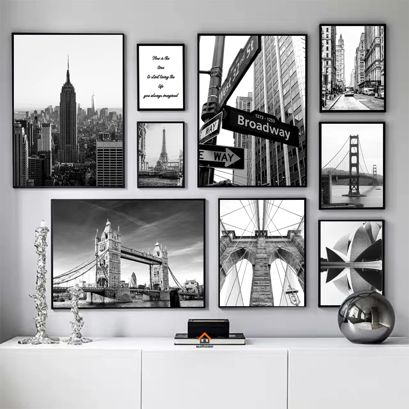

Modern New York London Paris Sydney City Landmark Landscape Poster Black and White Canvas Painting Wall Art Pictures Home Decor