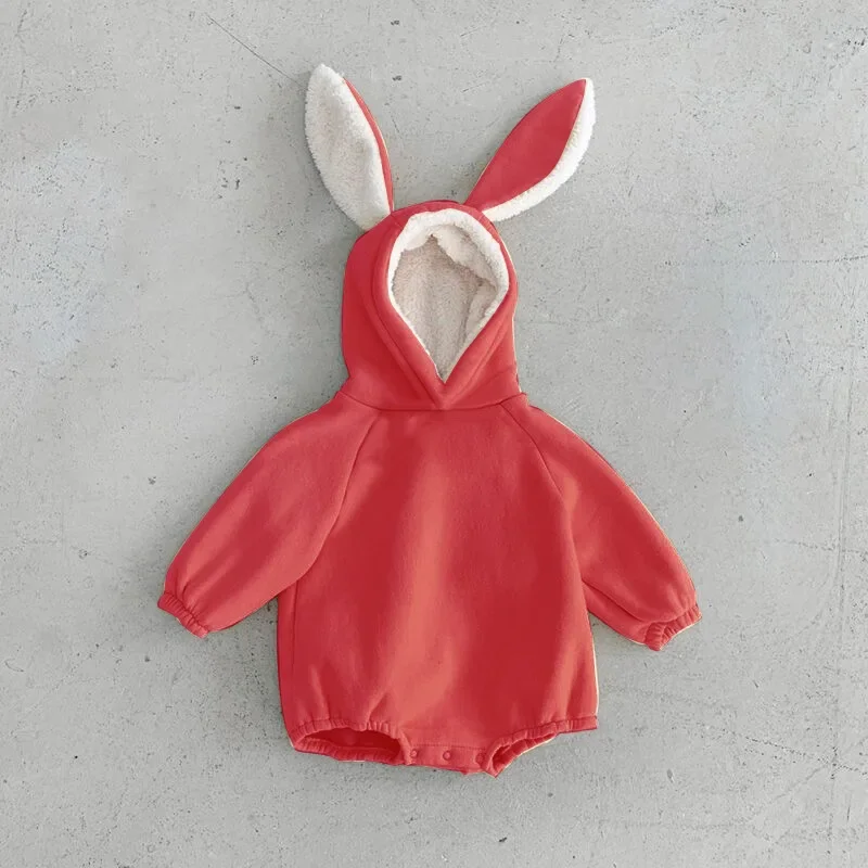 Adorable Rabbit Ear Fleece Lined Baby Romper Hooded Unisex Winter Clothes Bottom Covering Crawling Suit for Boys And Girls