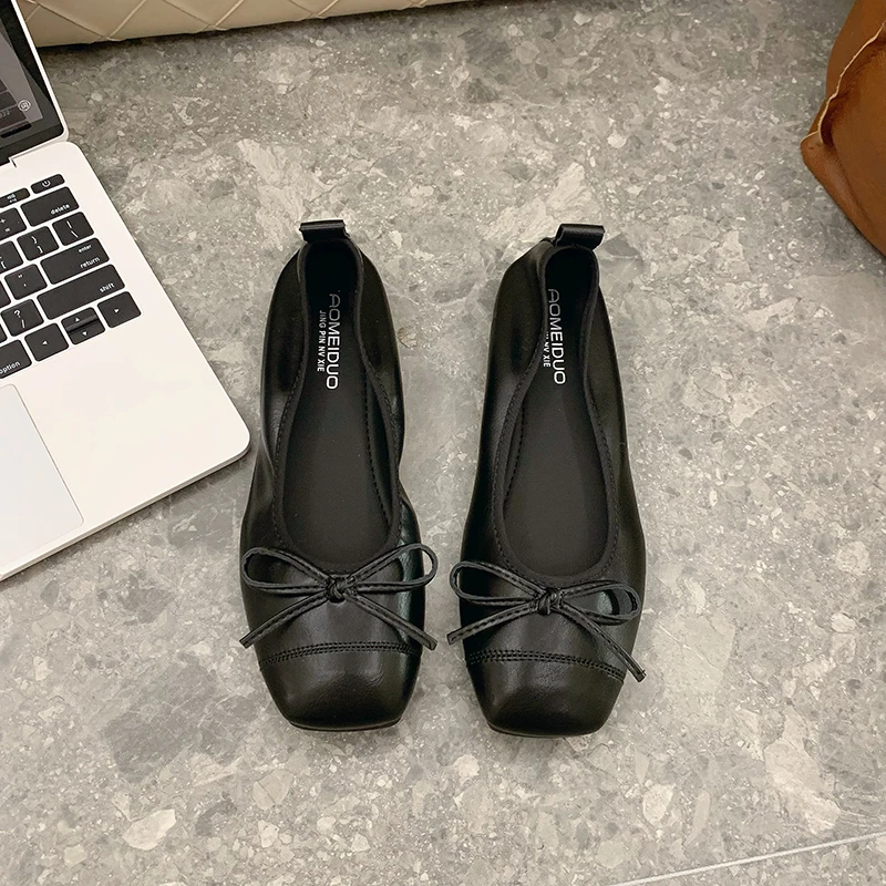 Aphixta Butterfly Knot Design Slip On Flats Soft Leather Shoes Shallow Solid Color Women Loafers  Square Toe Autumn Casual Shoes
