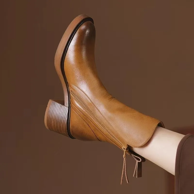 Autumn Winter Women Shoes Leather Short Boots Women Round Toe Chunky Heel Boots Zipper Ankle Female Platform Heel platform boots women boots