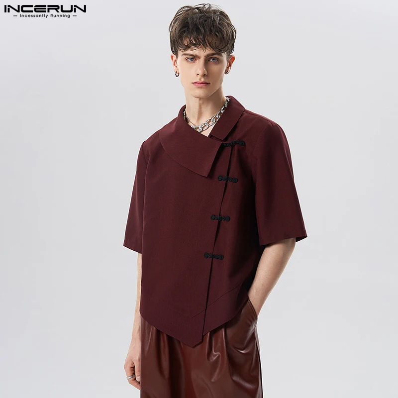 

INCERUN Tops 2023 American Style New Men's Half Sleeved Diagonal Placket Button Up Shirts Casual Well Fitting Male Solid Blouse