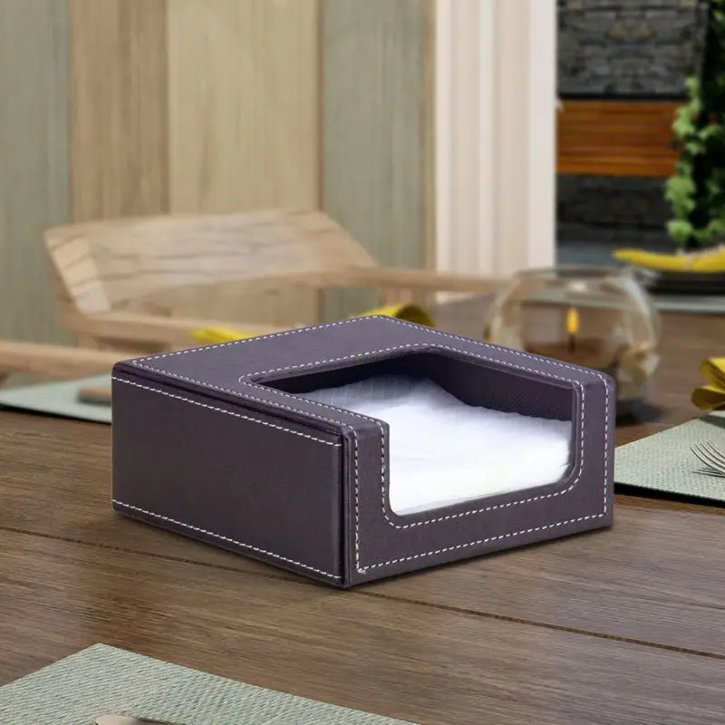 PU Leather Square Cocktail Napkin Holder Paper Serviette Dispenser Tissue Box 11UA 3
