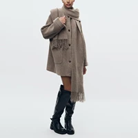 TRAF Women's Knitted Cardigan with Scarf Slim Casual Jacket Long Sleeve Patchwork Pocket Jacket Elegant Office Women's Sweater 2