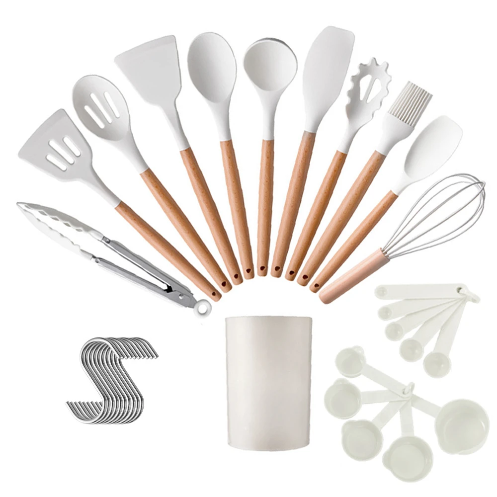 11 piece set of lightweight silicone kitchen utensils with wooden handles, cooking spatula and spoon, kitchen sets