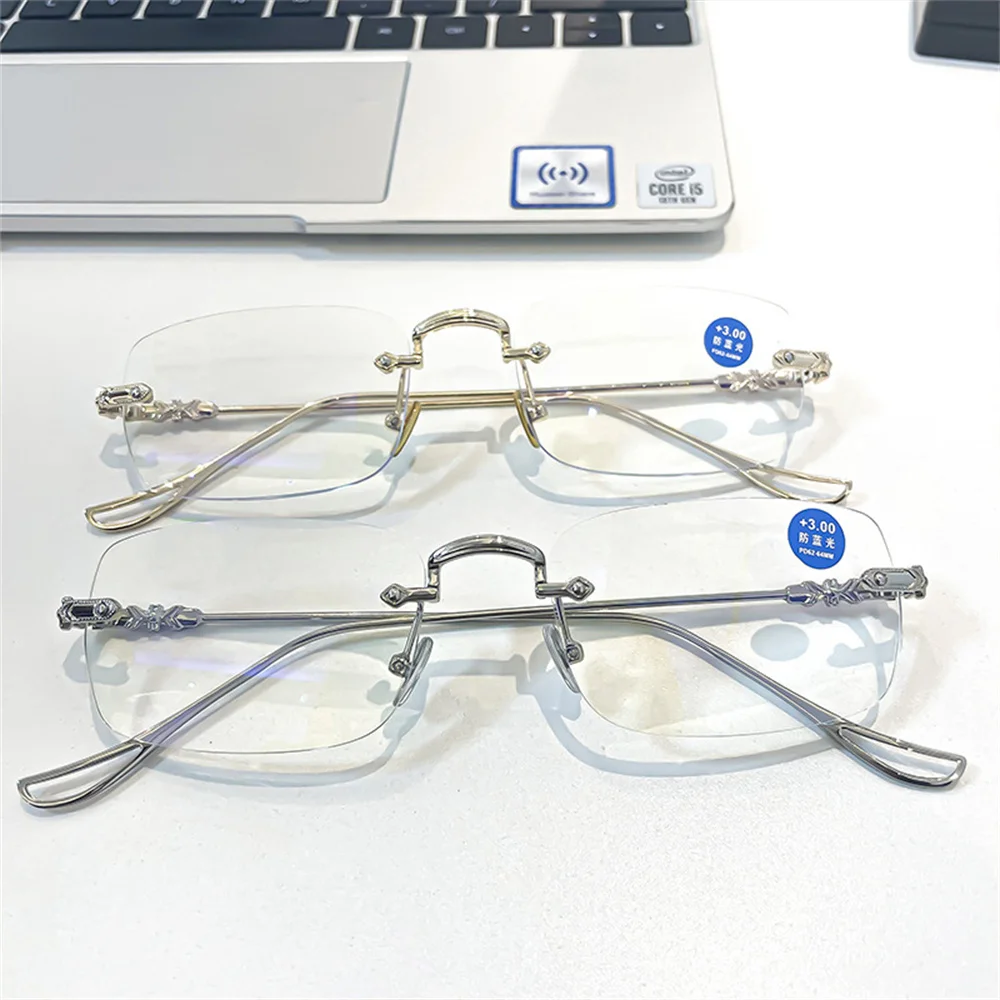 Elbru 0+1+1.5+2+2.5+3+3.5+4 Rimless Reading Glasses Women Men Anti Blue Light Luxury Presbyopia Eyeglasses Frameless Eyewear 2