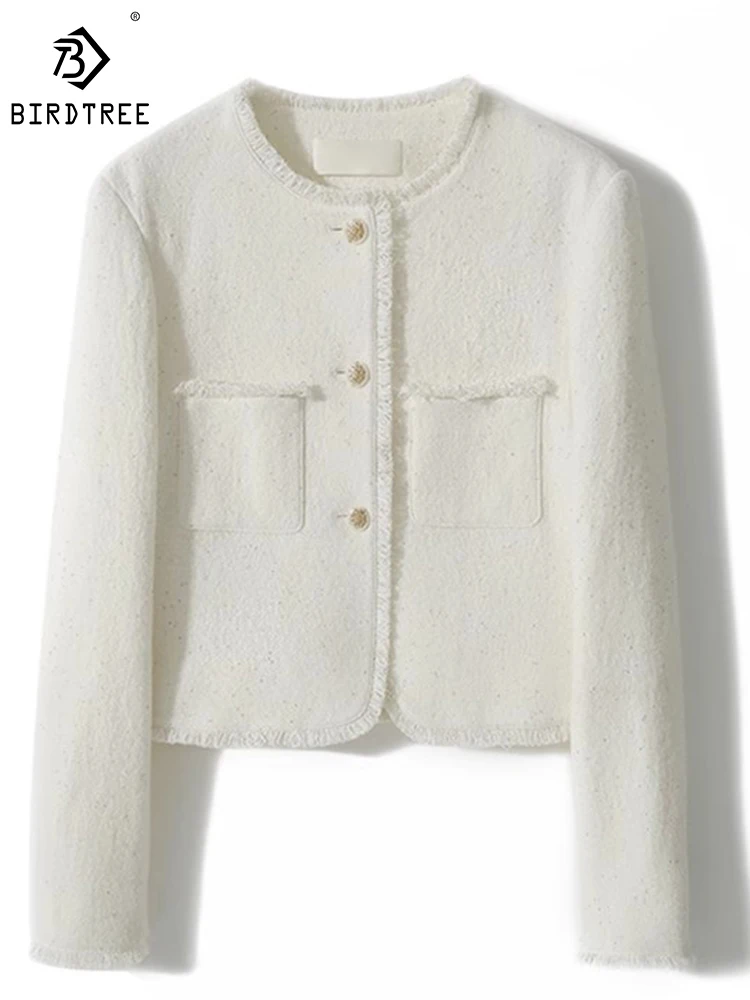 

Birdtree 51.7% Cotton 48.3% Wool Coat Women's Crewneck Fringed Sequins Solid Color Elegant Commute Outerwear Fall New C30739QD