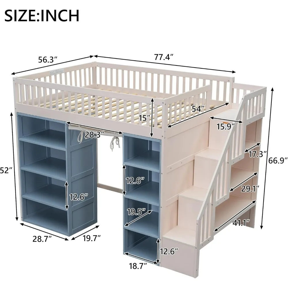 Full Size Loft Bed with Stairs and 2 Four-Layer Storage Cabinets and Curtain, for Kids Teens Adults (White+Blue)