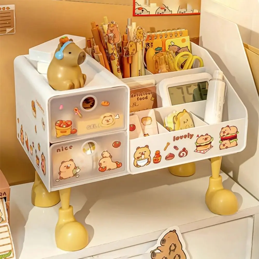 Durable Plastic Desk Organiser Large Capacity Capybara Pen Holder Multi Grid Desk Tidy Pencil Case Sundries