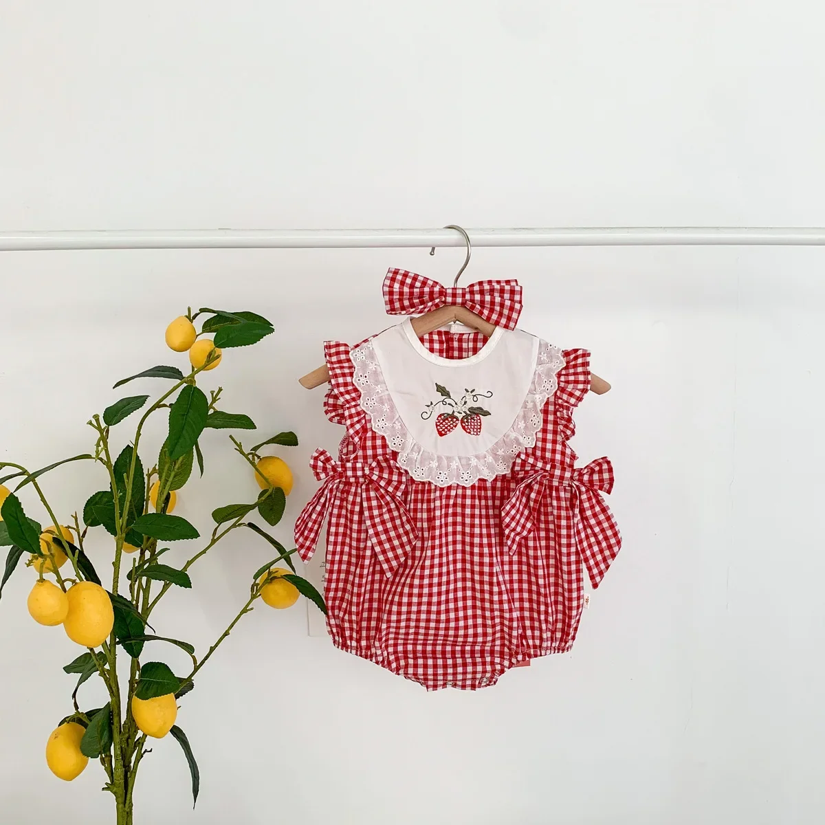 Red Plaid Lightweight Embroidered Lace Cotton Triangle Romper Baby Girl Summer Crawling Suit Footed Onesie