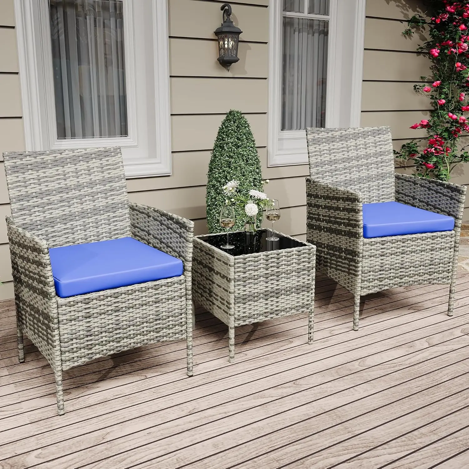 3-Piece Patio Set. All Weather Rattan. Soft Cushion. Glass Table. For Garden, Porch, Poolside. Grey & Blue.