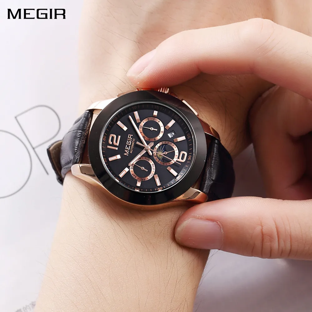 

MEGIR Men Watches Automatic Mechanical Watch Luxury Leather Waterproof Wristwatch Moon Phase Week Date Clock Relogio Masculino