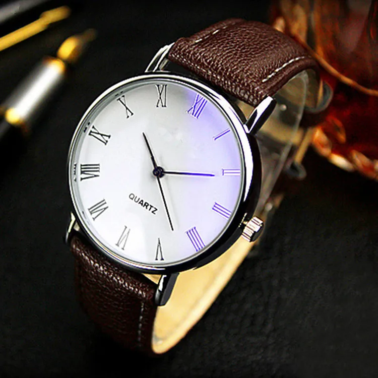 2022 Fashion Men's Watch Men Roman Numerals Blu-Ray Faux Leather Band Quartz Business Men's Minimalist Watches 