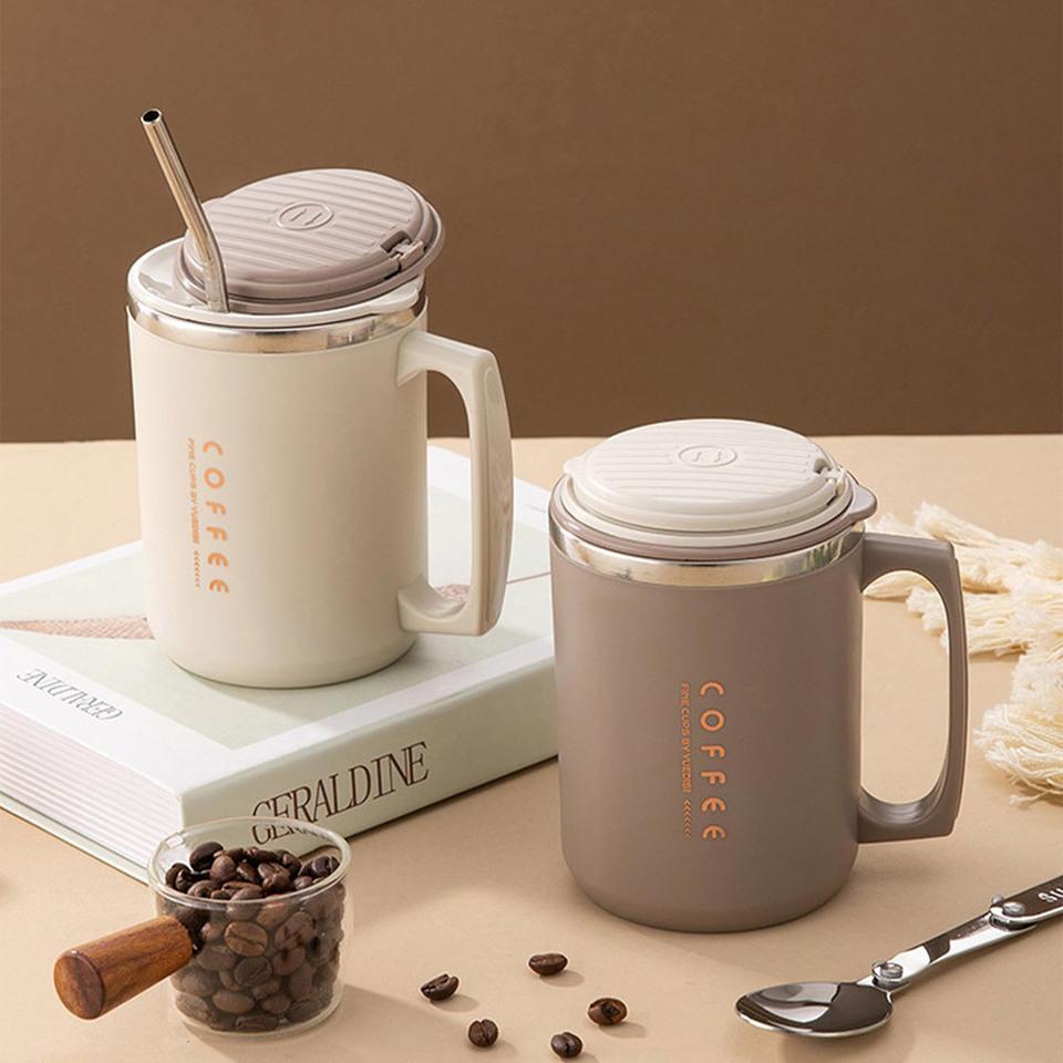 WORTHBUY 480ML Double Wall Coffee Cup With Straw&Spoon 304 Stainless Steel Insulated Milk Coffee Mug School Office Drinking Cup