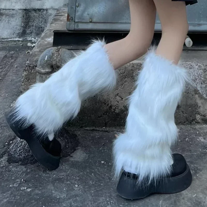 Japanische weiße Kunst pelz Beinlinge Stiefel abdeckungen y2k Goth feste Beins ocken Punk JK knielange HipHop Hotgirl Mode warme Socke