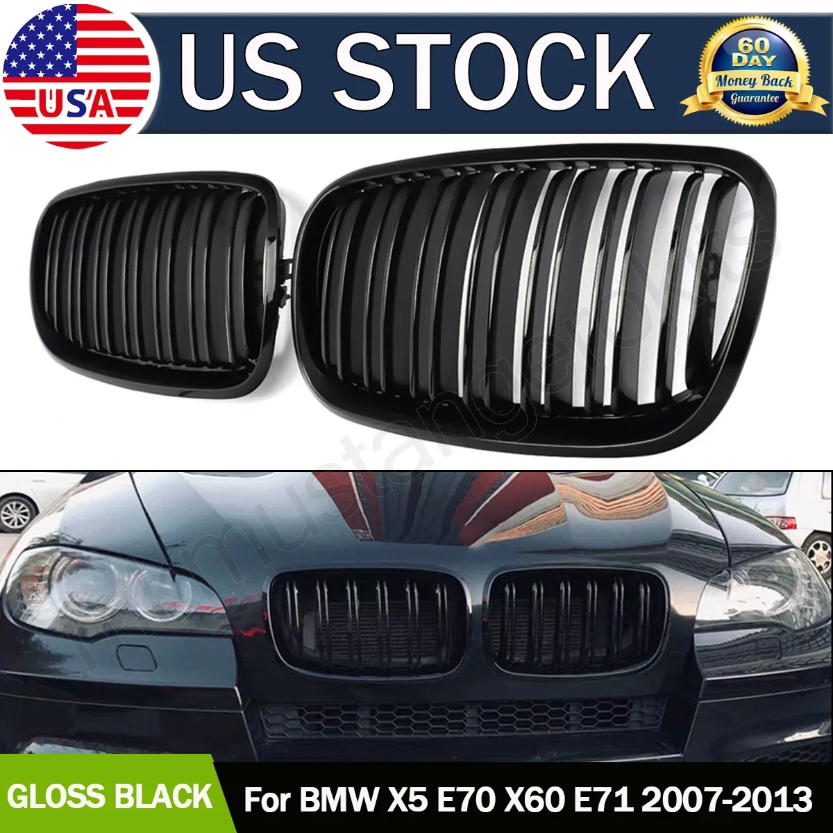 

For BMW E70 E71 X5 X6 2007-13 Pair Car Front Hood Grill Kidney Grilles Racing Grill Auto Accessories Gloss Black Dual Slats