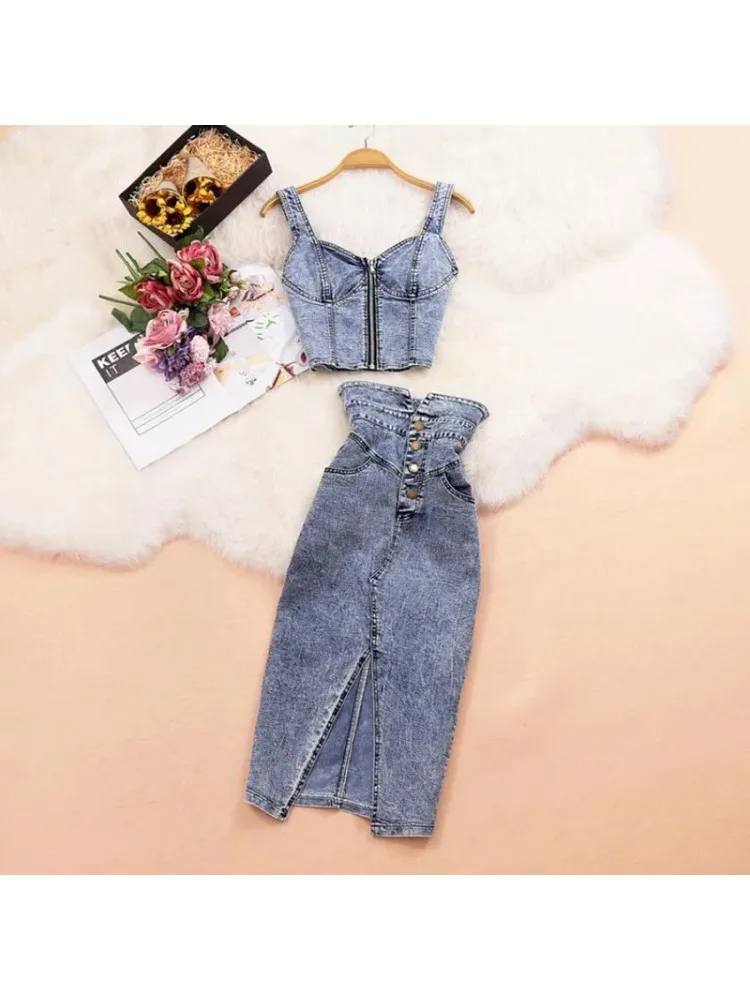 Summer Denim Skirt Belt Three-piece Set