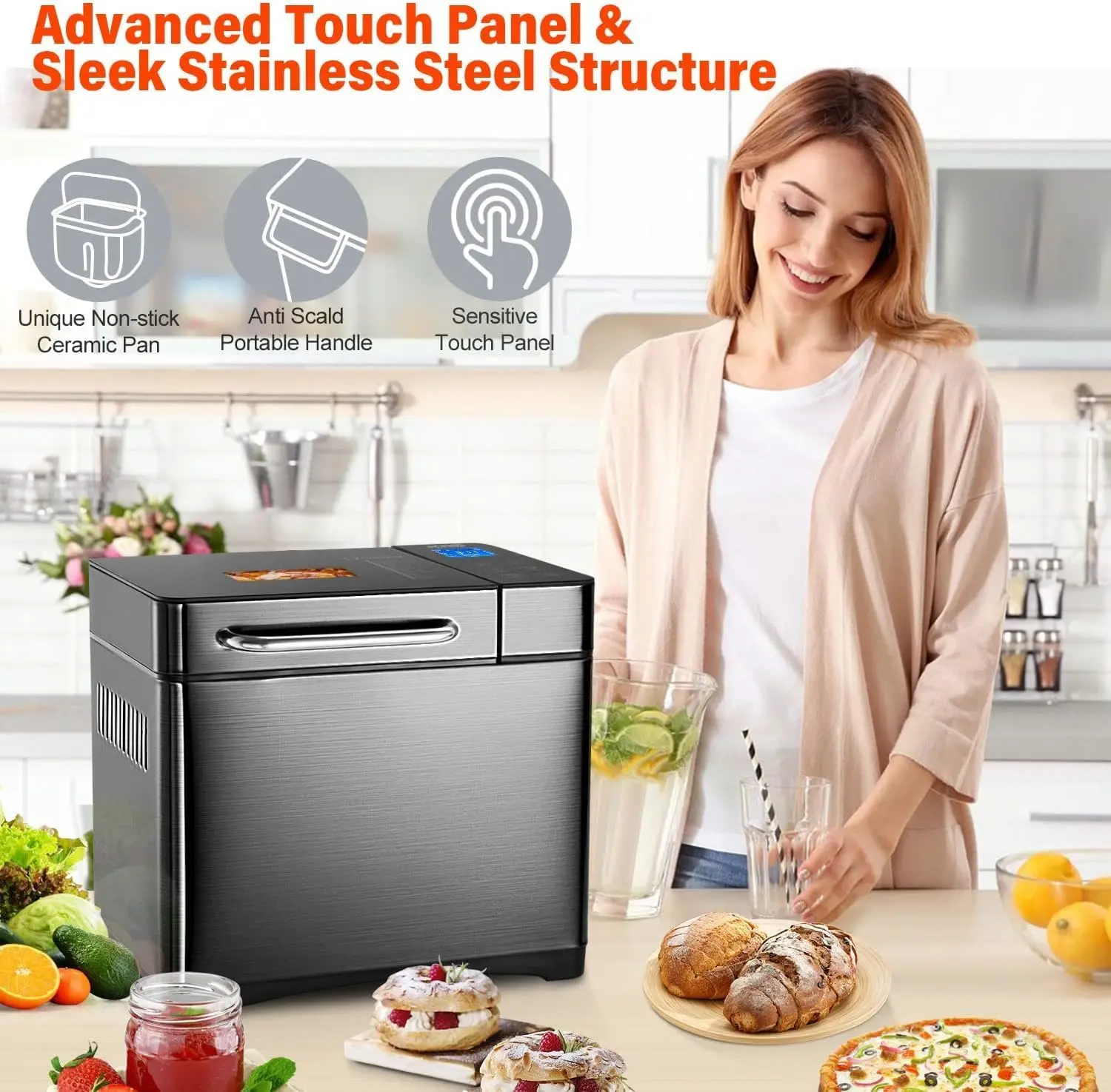 17-in-1 Bread Maker-Dual Heaters, 710W Machine Stainless Steel with Gluten-Free, Dough Maker,Jam,Yogurt PROG, Auto Nut Dispe 6