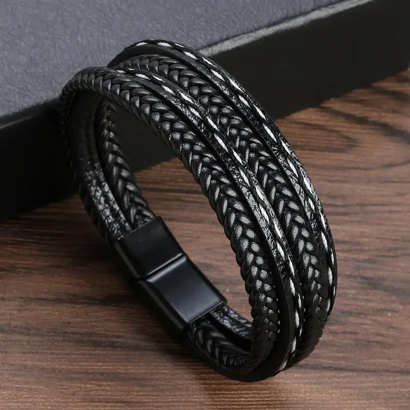 Bracciale Uomo In Pelle Intrecciata Multistrato - Vera Pelle E Acciaio, Chiusura Magnetica, Regalo Classico Vintage