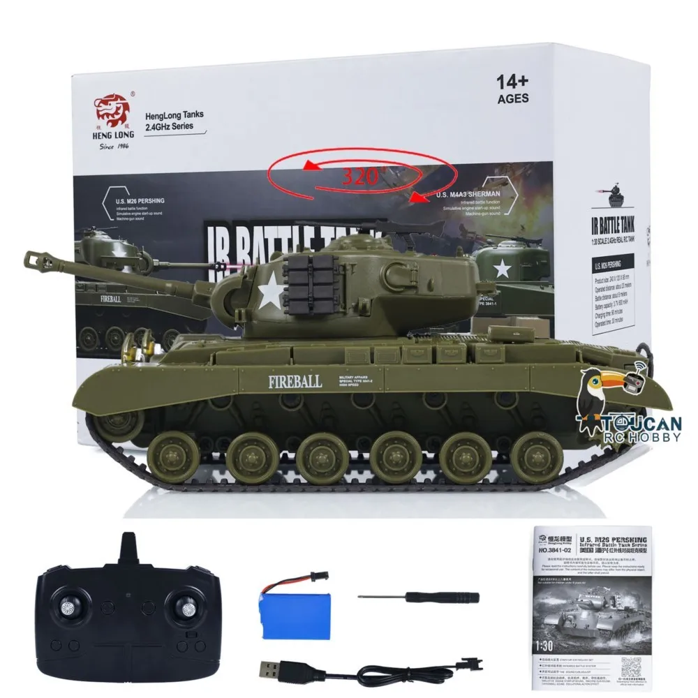토이즈 1/30 헹롱 퍼싱 M26 RC 배틀 탱크 3841-02 2.4G 무선 조종 탱크 자동차 RC 팬저 차량 소년용 선물 모델