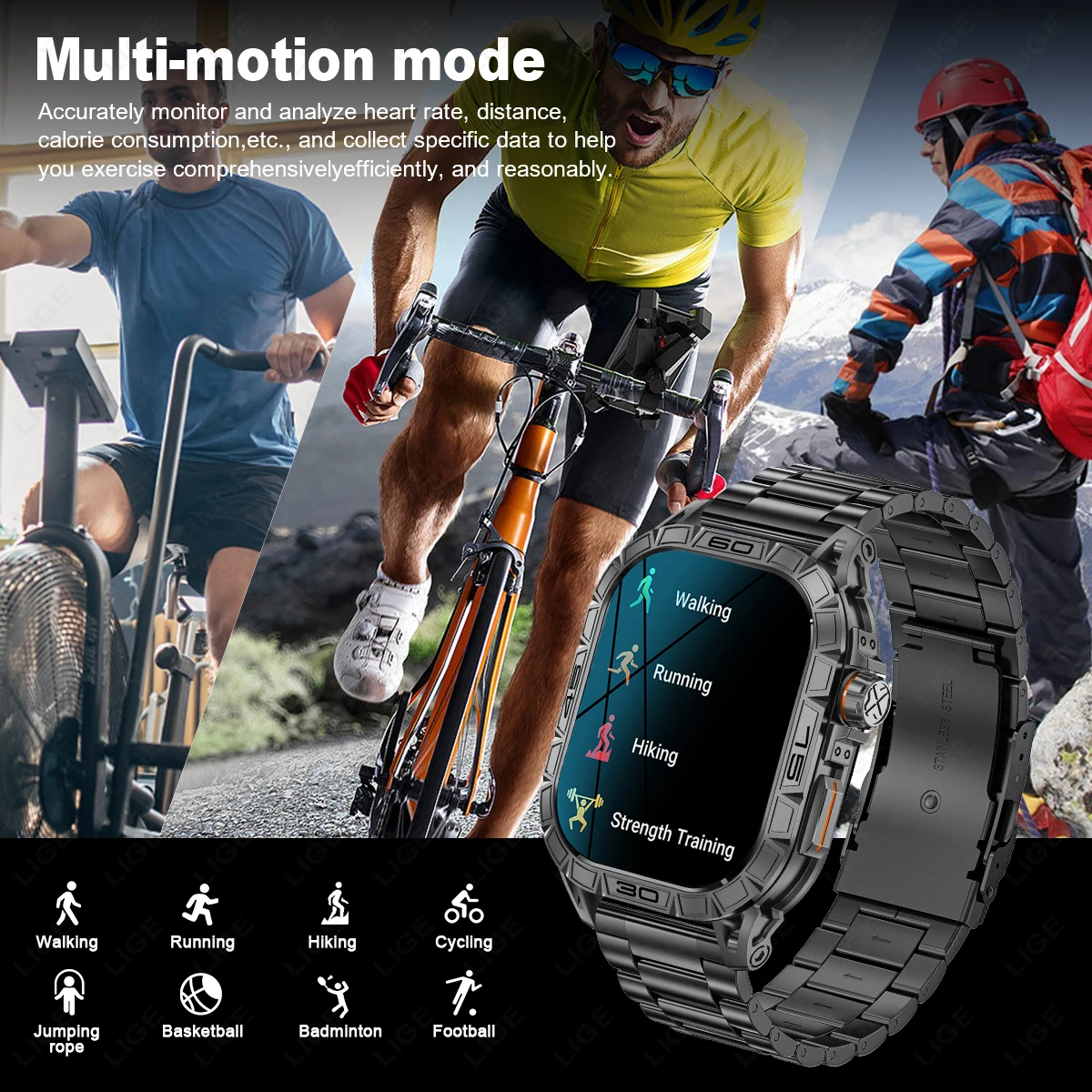 LIGE ߿  Ʈ ġ  1.96ġ AMOLED ũ  ̾  ȭ  ű Smartwatch Men
