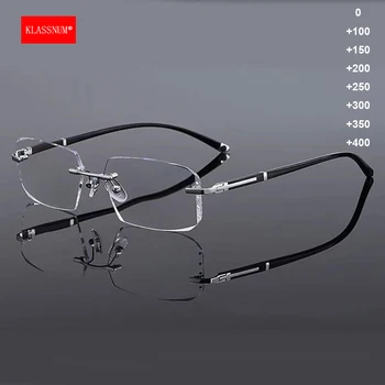 KLASSNUM Men Reading Glasses Rimless Cut Edge Presbyopic Glasses Anti Blue Light Anti Fatigue Plus Glasses Presbyopia Clear Lens