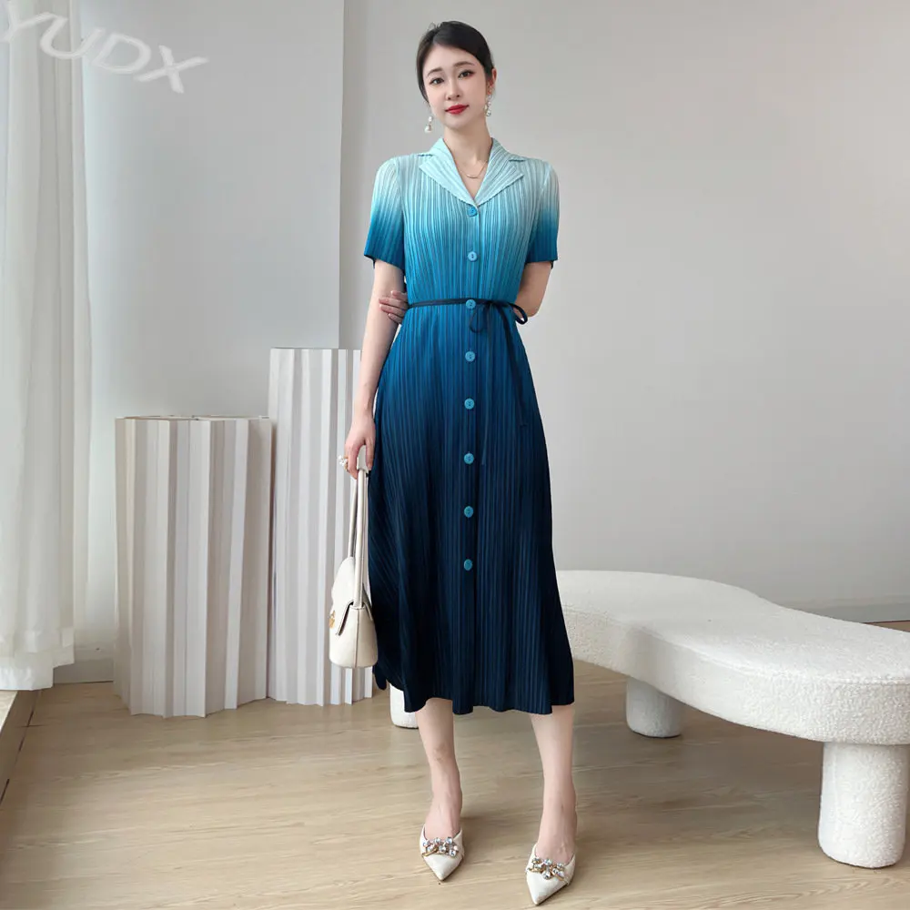 

YUDX High-quality Miyake Pleats 2023 Summer New Fashion Temperament Dress Waist Tie Niche Design Gradient Color Slim Women Skirt