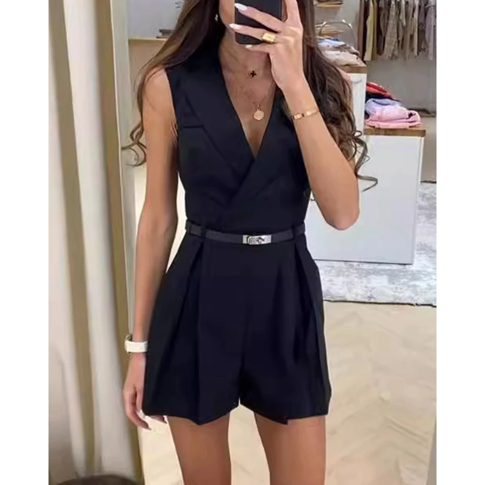 Summer Women Solid Color Ruched Blazer Romper Fashion Nothched Collar Sleeveless Playsuit for Femme Elegant Work Wear Outfits