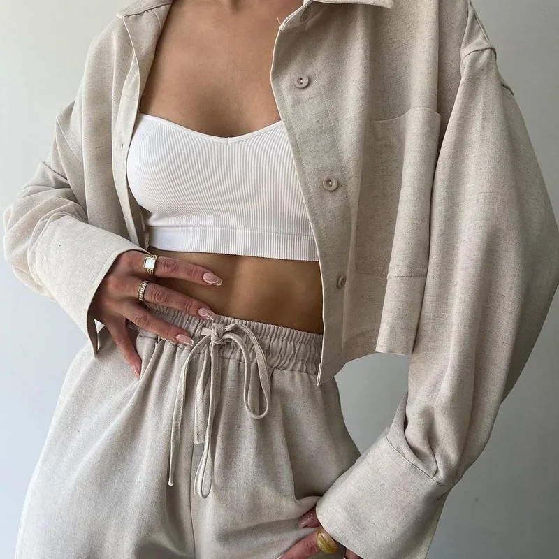 Spring Summer Autumn Monochrome Thin Long-sleeved Sports Casual Long-sleeved Shirt Two Sets of New Short Shirt Drawstring Pants