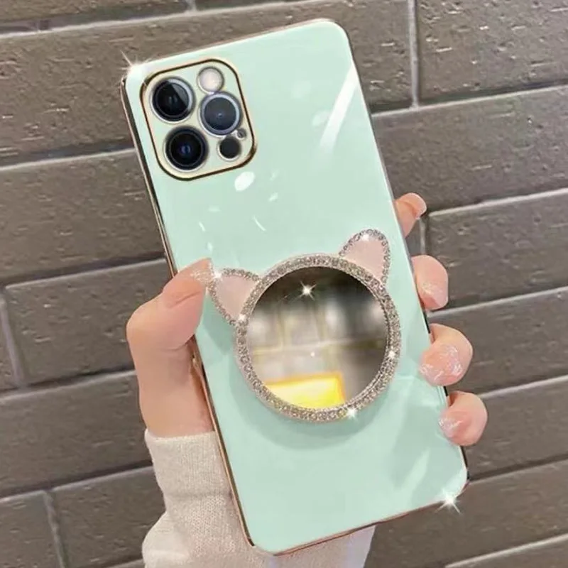Plating Case For Samsung A34 A54 A53 A32 A33 A13 4G 5G A12 A73 A25 A31 A21S A14 Diamond Cute Cat Ears Make-up Mirror_voghion.com