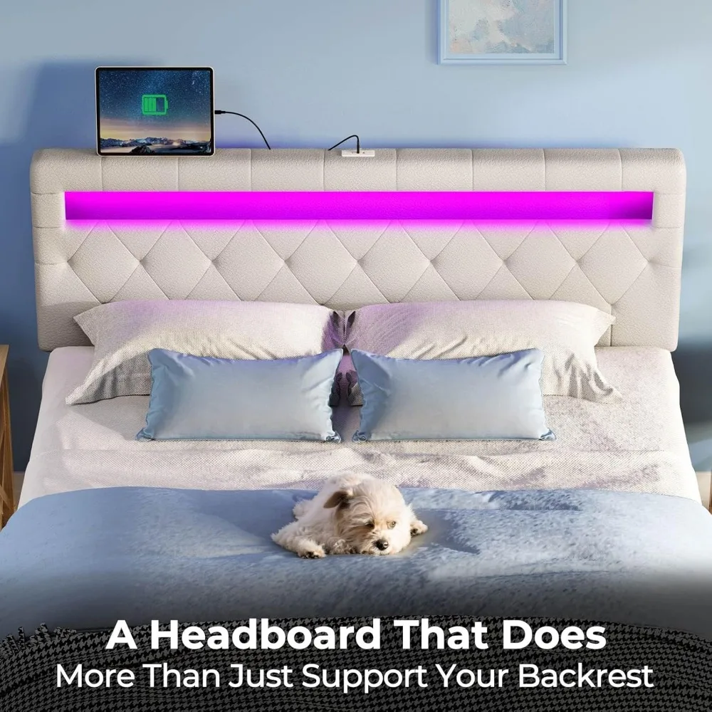 Headboard for Full Size Bed with 60,000 DIY Color of LED Light, USB & Type C Post, Attach Frame, Height Adjustable, White Leathe
